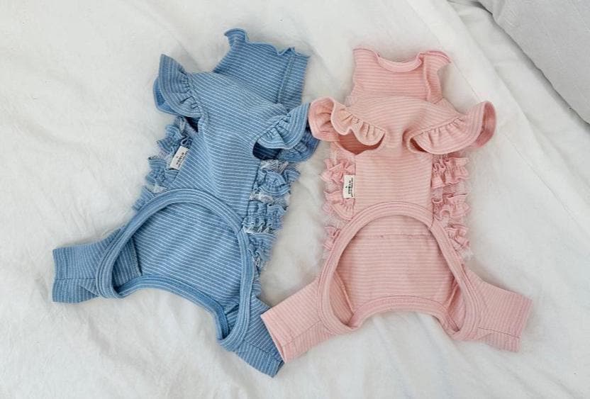 Blue and pink NKpup Ruffle Ribbed Dog Overalls with decorative frills