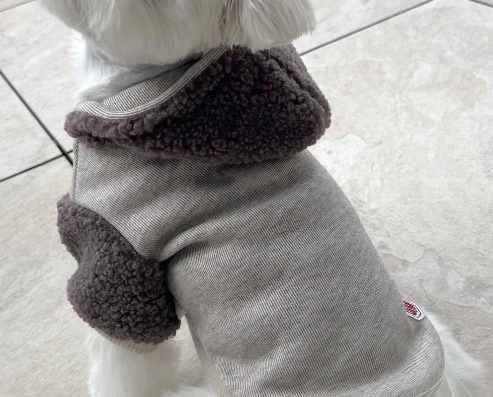 Gray ribbed Draw Sherpa Dog Hoodie Jacket with dark gray sherpa hood and sleeves