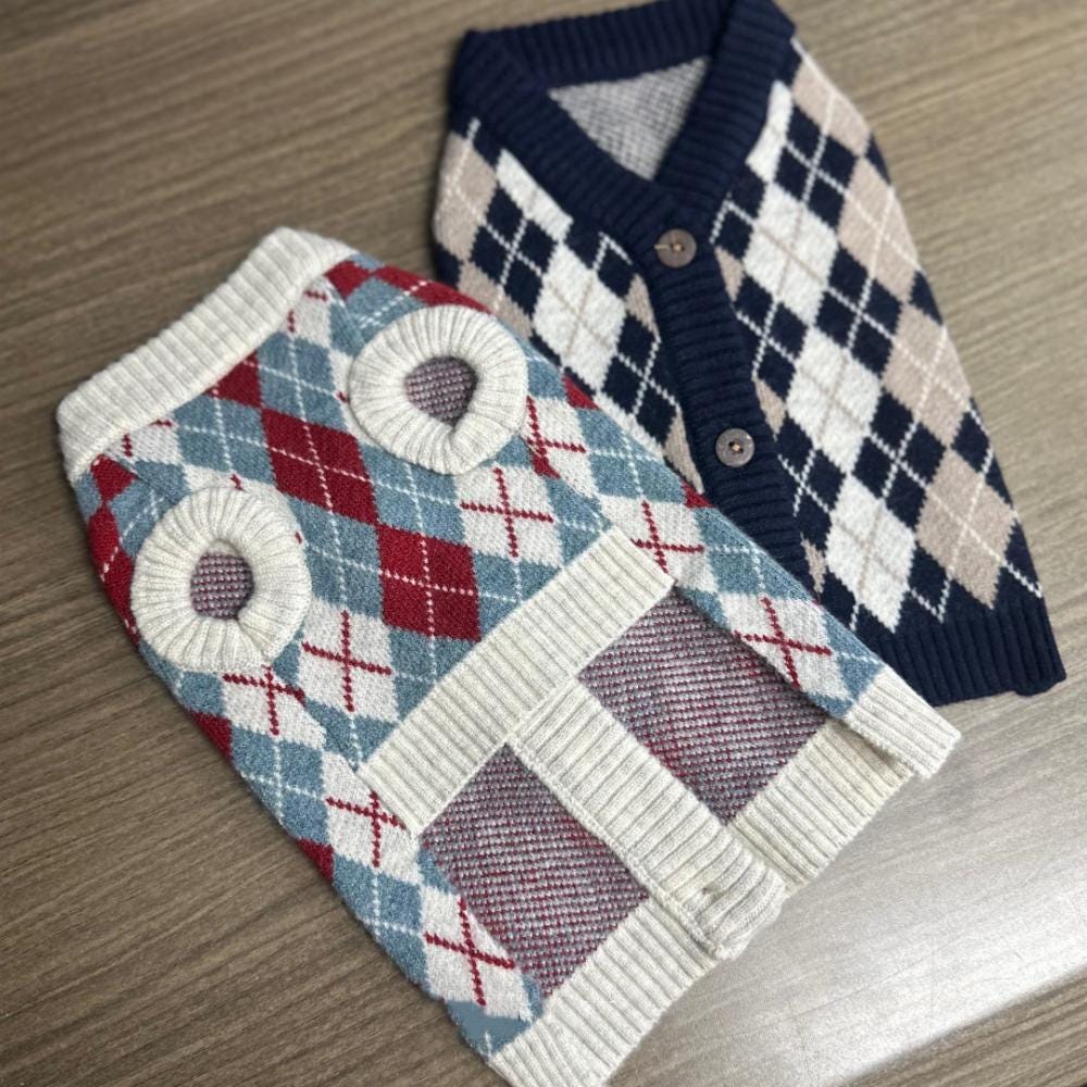 Argyle Knit Cardigan, S-3XL, Small Dog Knit, Dog Sweater, Dog Winter Outfit, Small Dog Top, NKPUP - NKpup