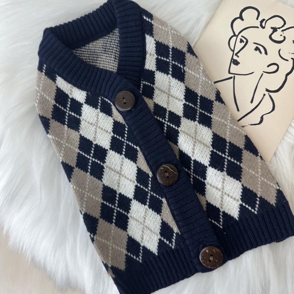 NKpup argyle knit dog cardigan in navy, beige, and white with button closure