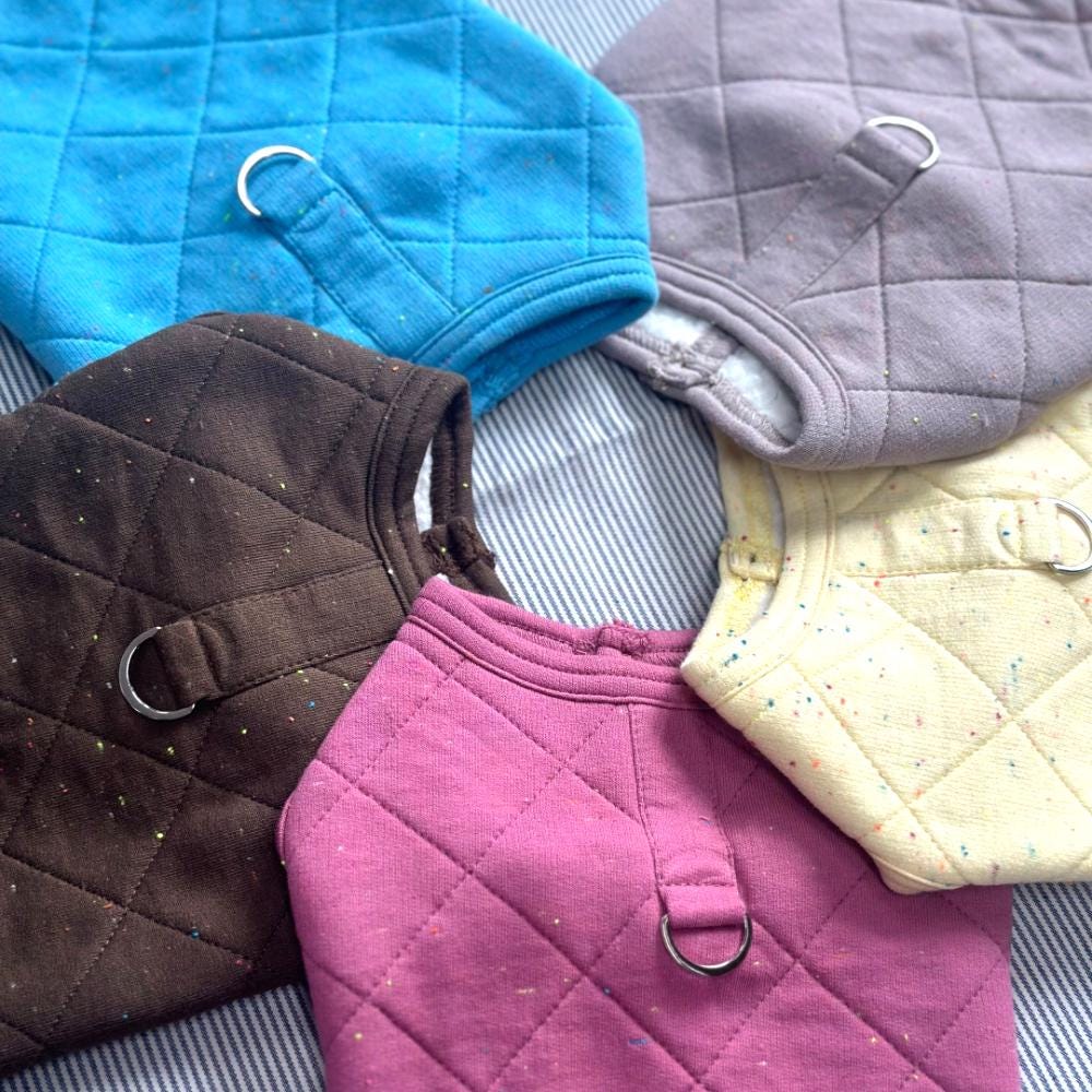 NKpup Quilted D-Ring Dog Vests in blue, grey, brown, cream, and pink colors.