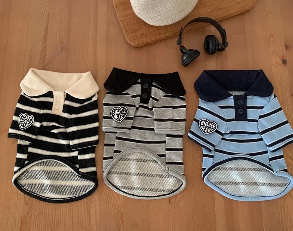 NKpup Bigger Heart striped dog polo shirts in black, grey, and blue