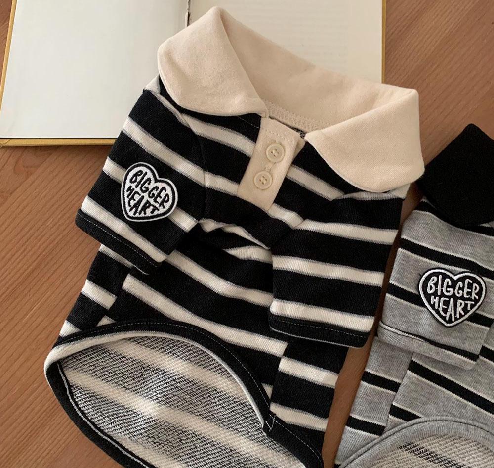 NKpup Bigger Heart striped dog polo shirt in black and white with a cream collar