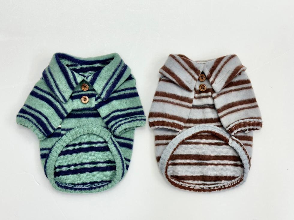 NKpup striped fleece dog polo shirts in mint green and grey with brown stripes.