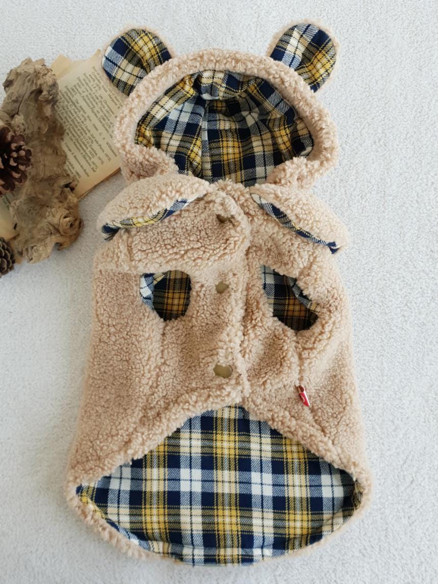 Bear Ears Plaid Sherpa Jacket, S-XL, Small Dog Clothes, Dog Winter Vest, Dog Cozy Outfit, Dog Jacket, Gift for Furry Friends, NKPUP - NKpup