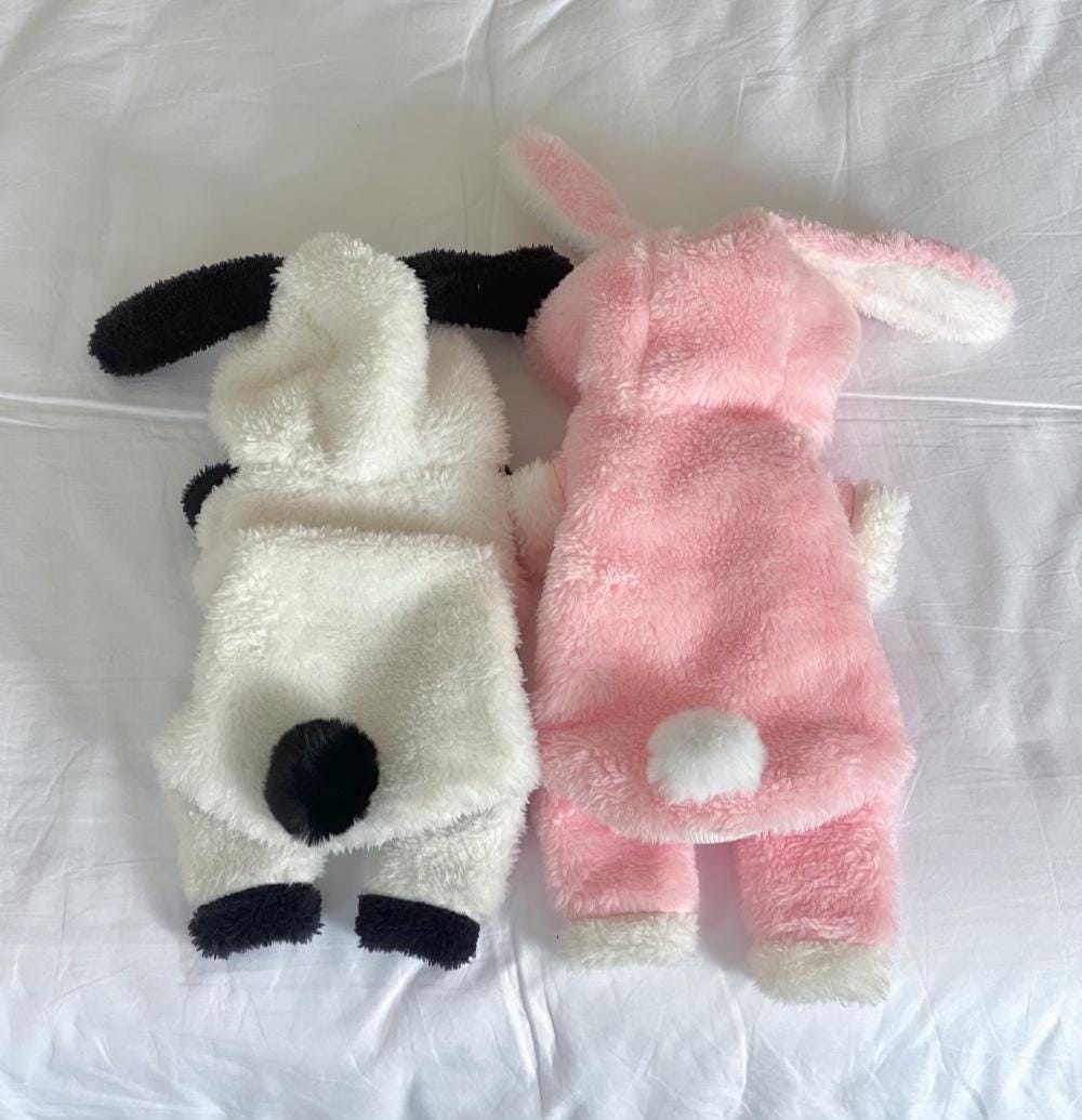 NKpup Bunny Fleece Overalls in white cow pattern and pink bunny design