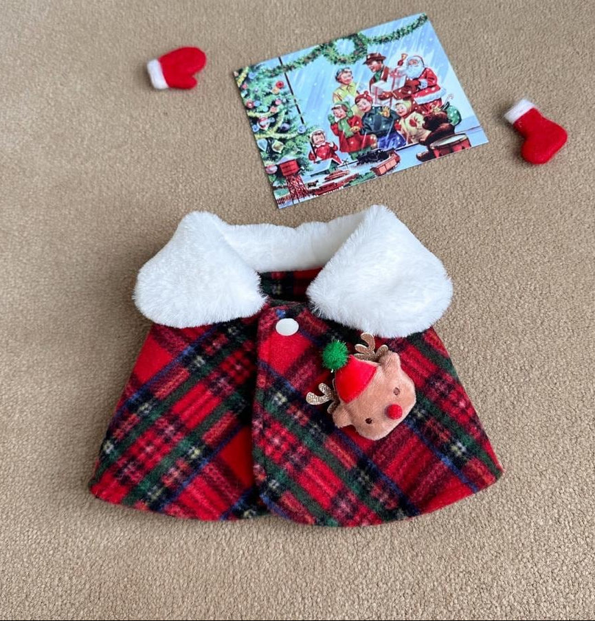 NKpup Christmas reindeer dog cape in red and green plaid with white faux fur collar and reindeer applique