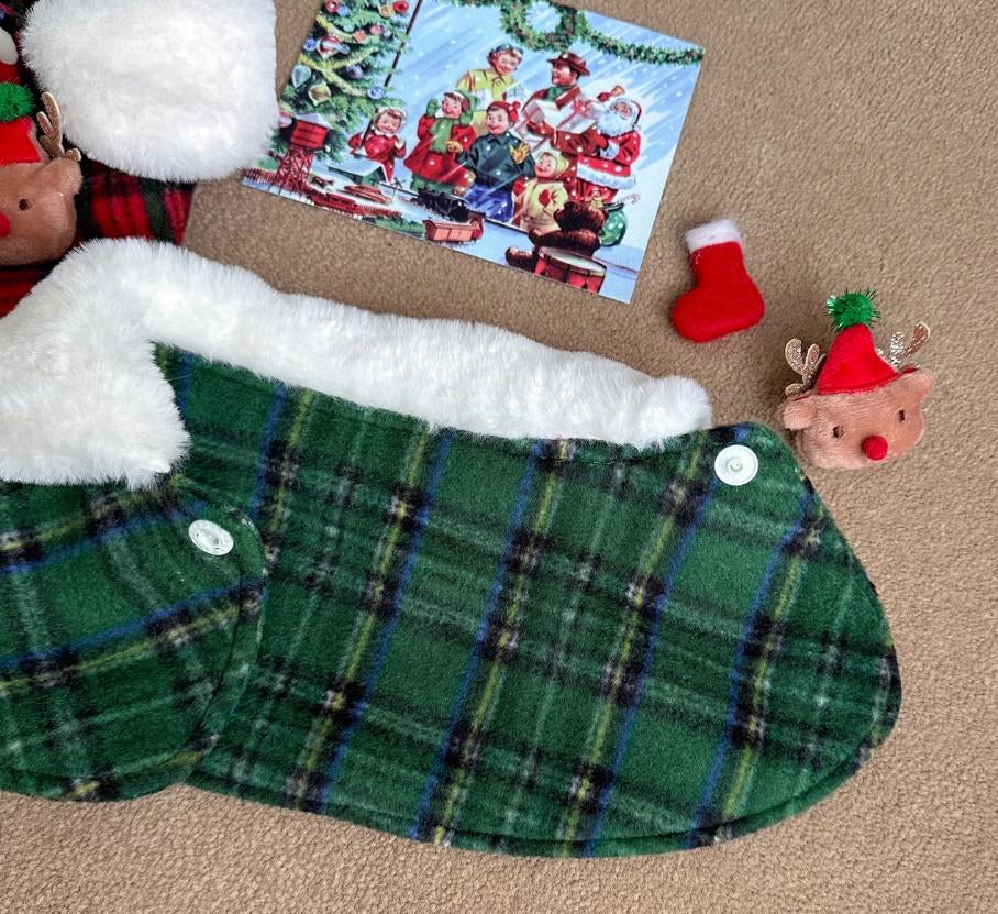 Green plaid Christmas reindeer dog cape with white faux fur trim by NKpup