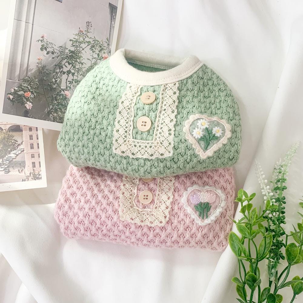 Garden Knit Dog Vest in sage green and soft pink with lace trim and floral heart embroidery.