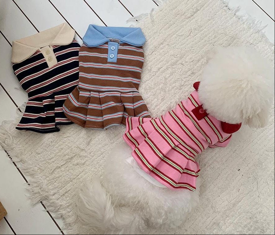 NKpup retro striped polo dresses for dogs in navy, brown, and pink colors.