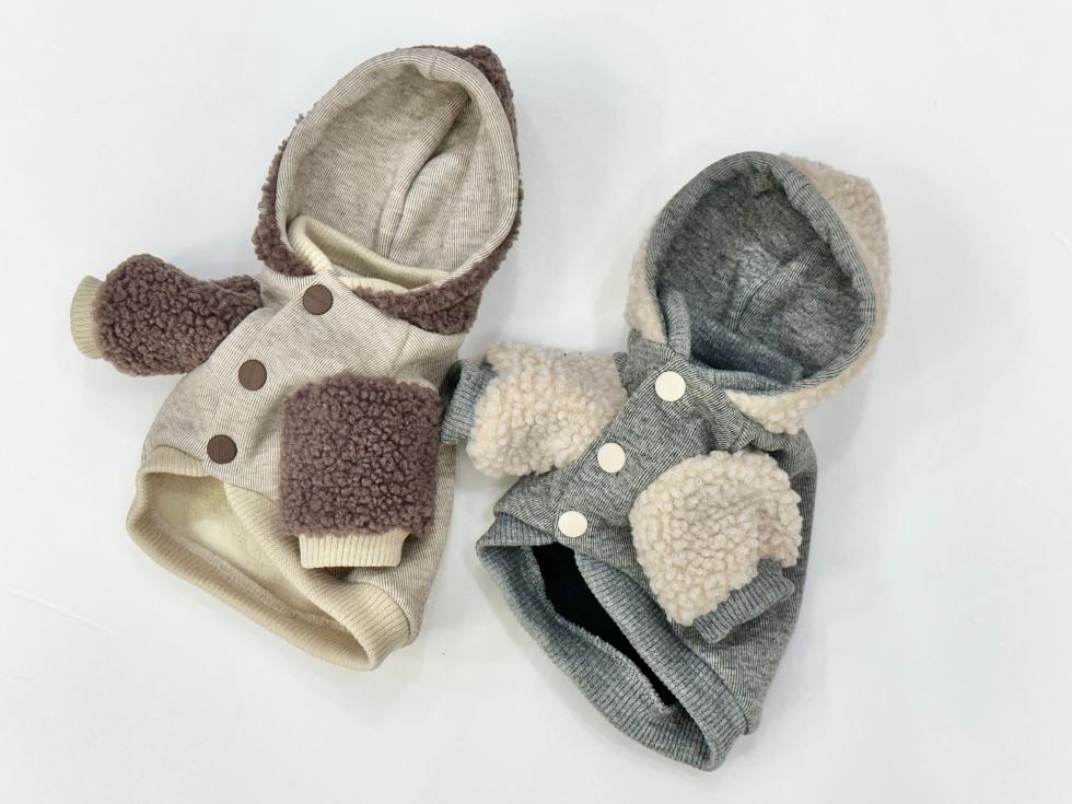Two Draw Sherpa Dog Hoodie Jackets in beige and grey with fleece sleeves and button closures.