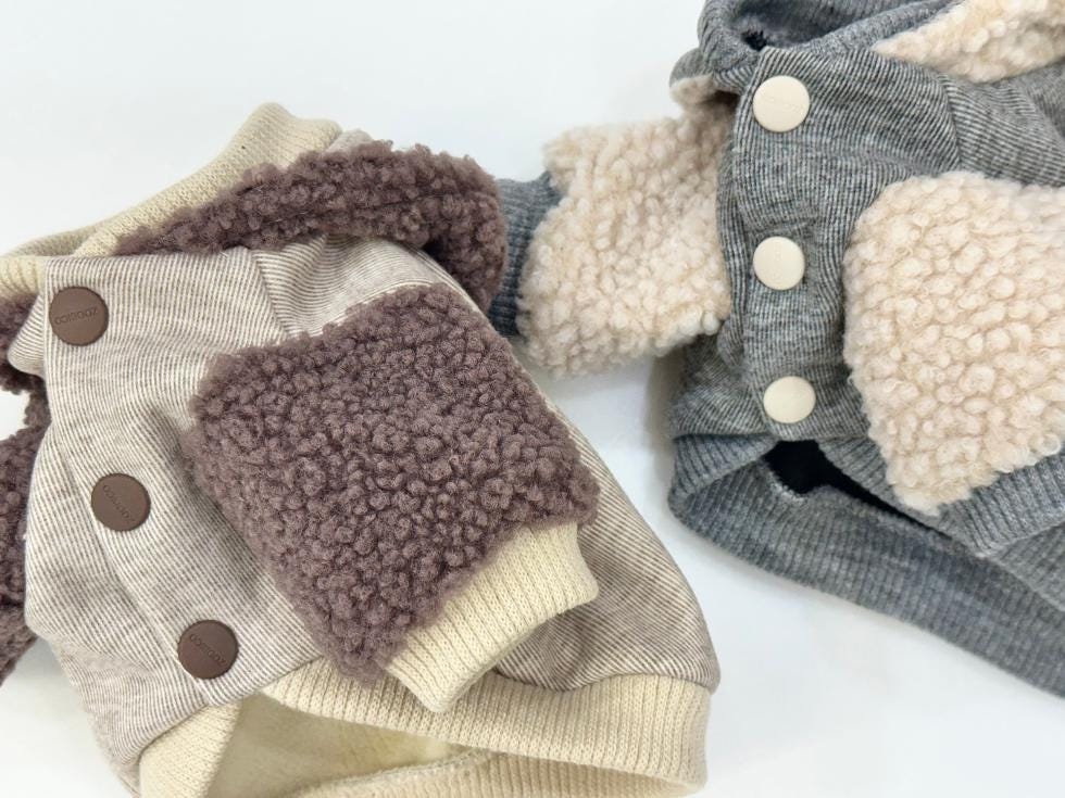NKpup Draw Sherpa Dog Hoodie Jacket in beige and grey with cozy fleece patches