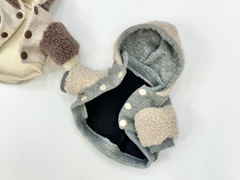 Grey Draw Sherpa Dog Hoodie Jacket with cream sherpa trim and button closure.