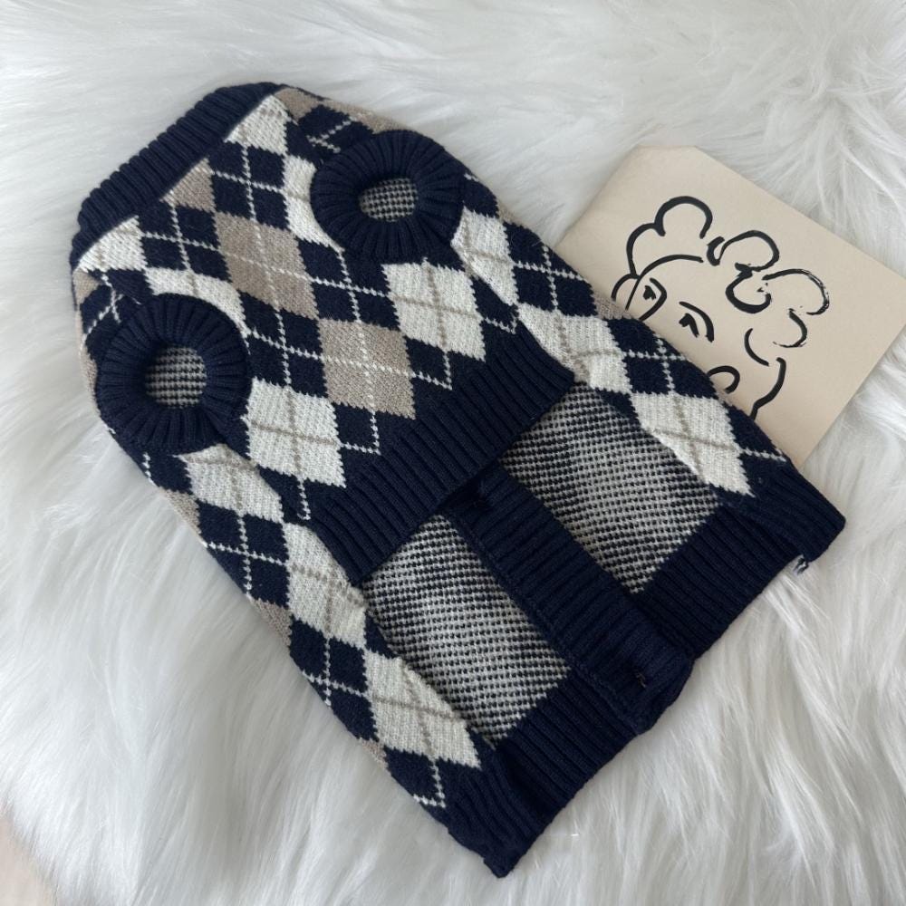 NKpup navy, cream, and beige argyle knit dog cardigan