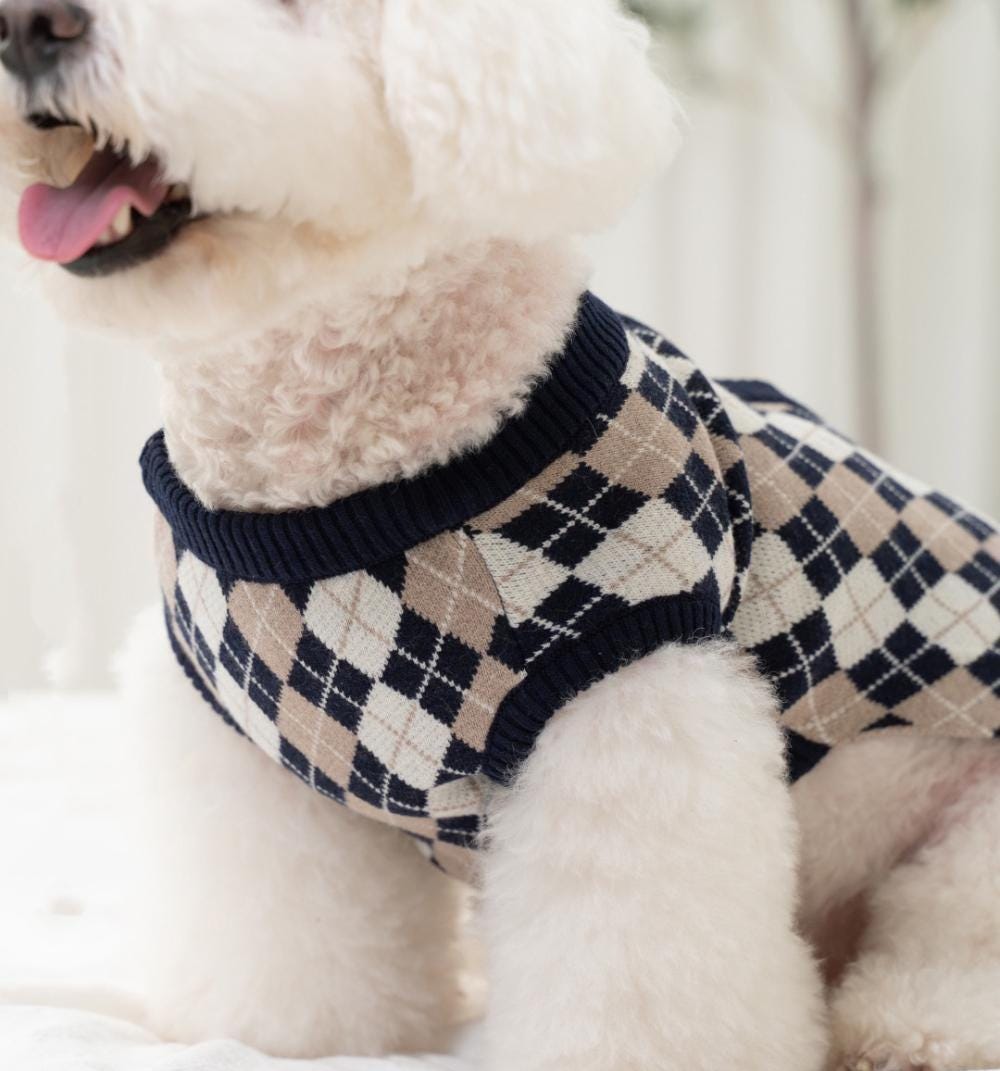 NKpup argyle knit dog cardigan in navy and beige diamond pattern