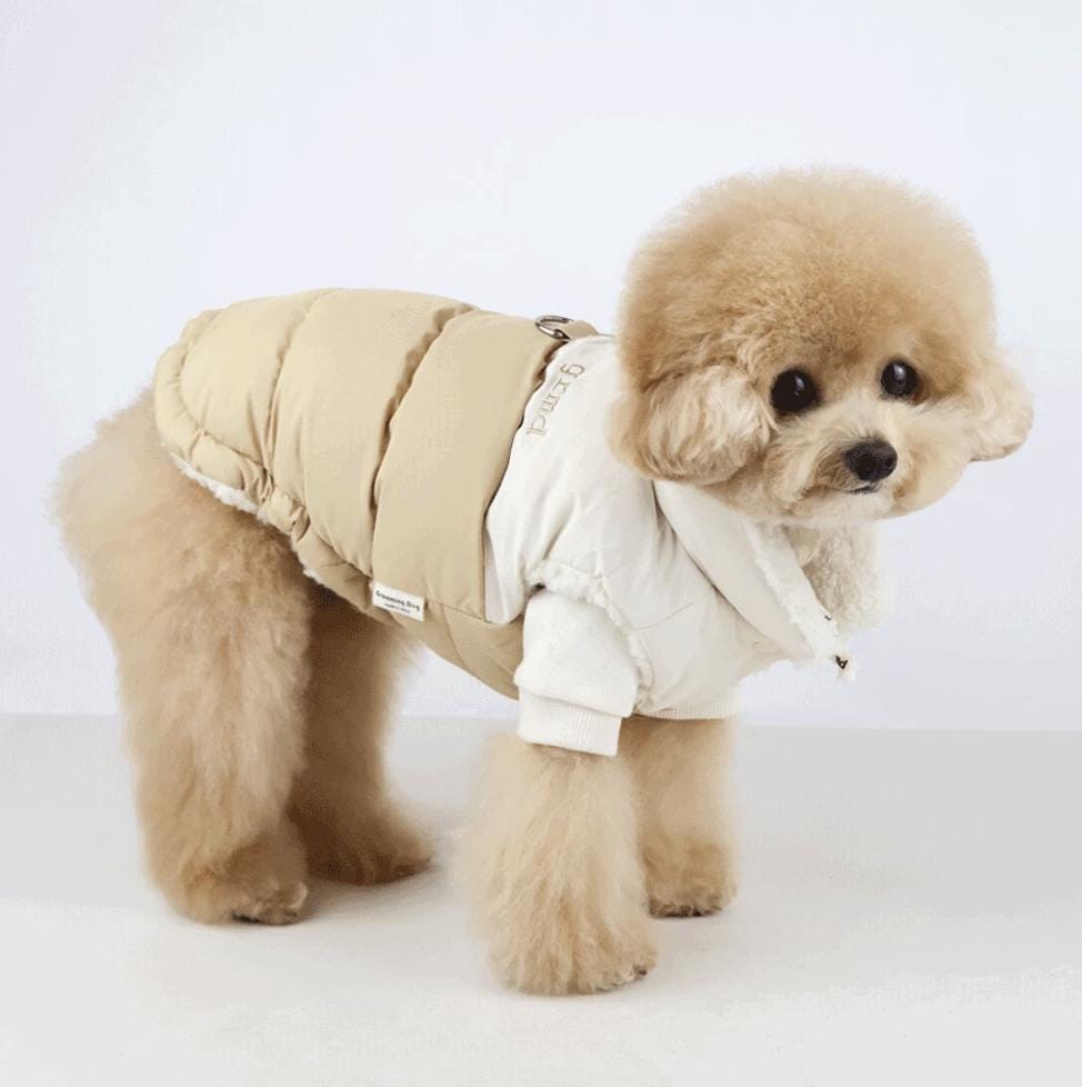 NKpup Reversible Snow Bear D-Ring padded dog vest in beige and white.