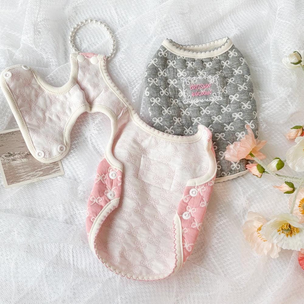 NKpup Lovely Ribbon Quilted Dog Vests in grey and pink with ribbon patterns