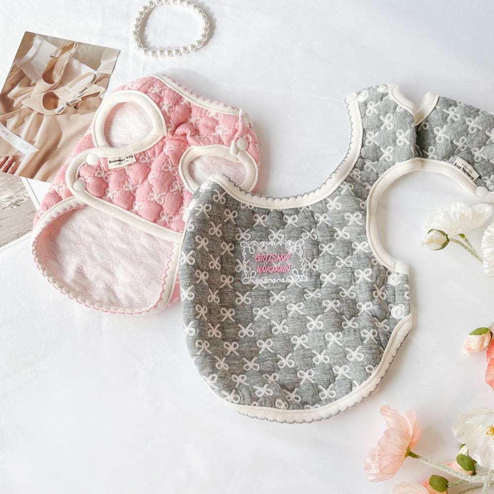NKpup Lovely Ribbon Quilted Dog Vests in pink and grey with a small ribbon pattern.
