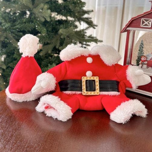 Red and white Christmas Santa dog costume with a black belt and gold buckle.