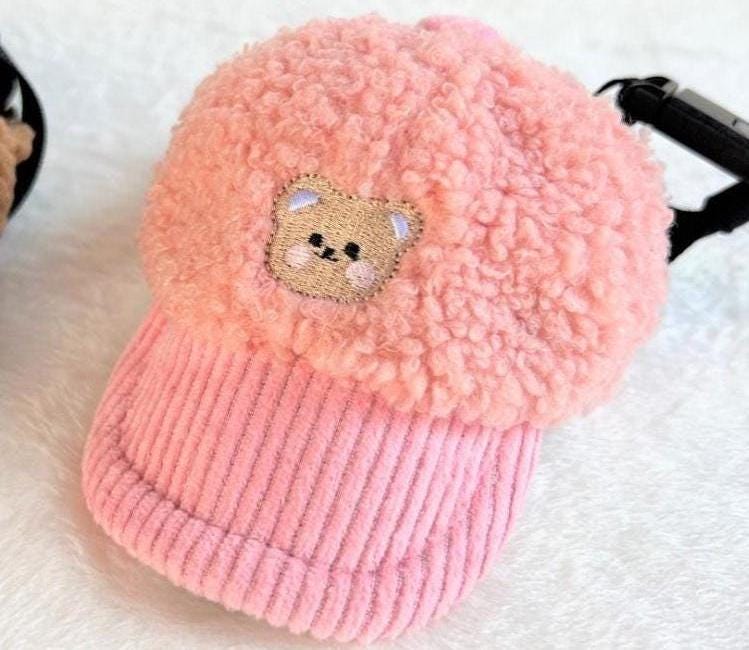 Pink Teddy Fleece Cap with bear embroidery and corduroy brim
