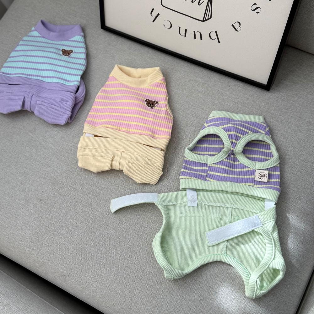 NKpup Bear Stripe Overall Two-Piece pet clothing in purple, pink, and green striped patterns