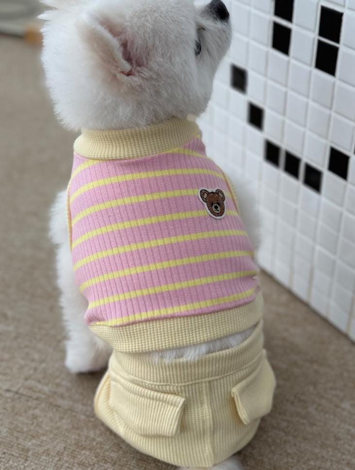 NKpup Bear Stripe Overall Two-Piece featuring a pink and yellow striped shirt with a bear patch and yellow pants.