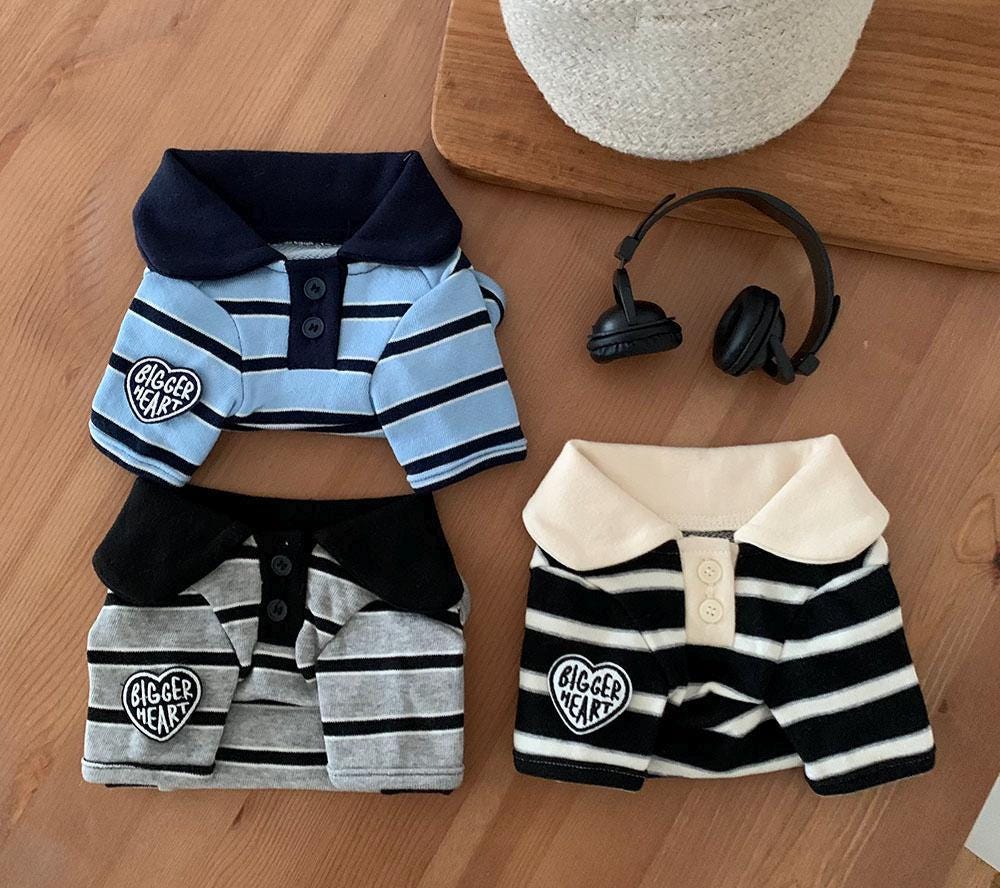 NKpup Bigger Heart striped dog polo shirts in blue, grey, and black colors.