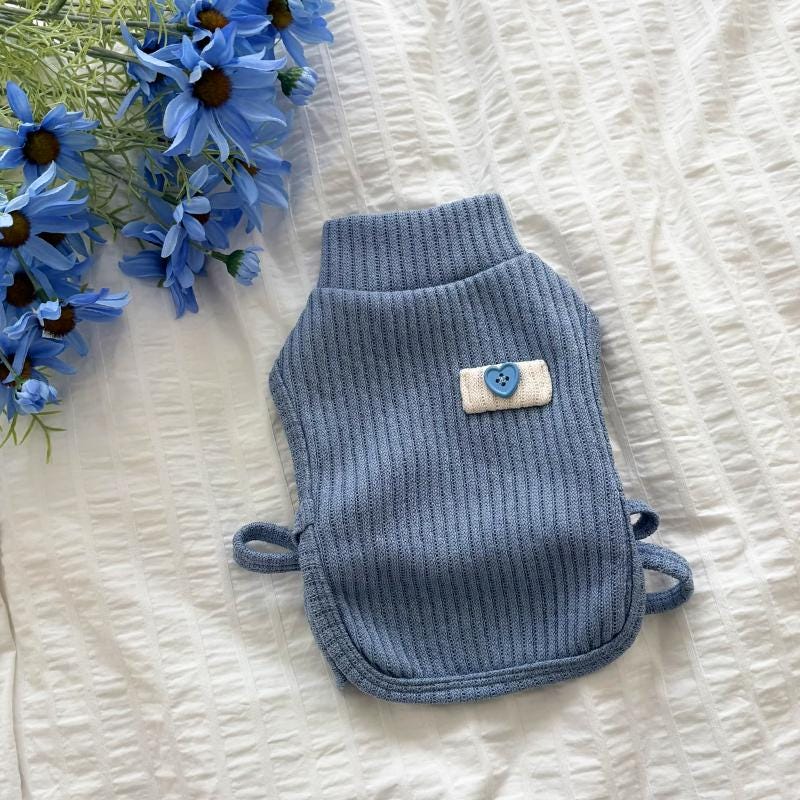 Blue ribbed dog turtleneck vest with a heart patch detail by NKpup