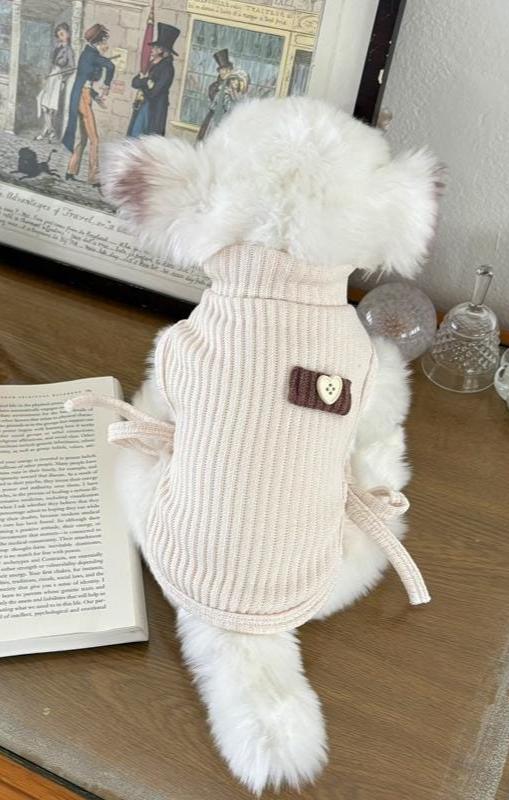 NKpup Heart Ribbed Dog Turtleneck Vest in cream color with a small heart patch detail