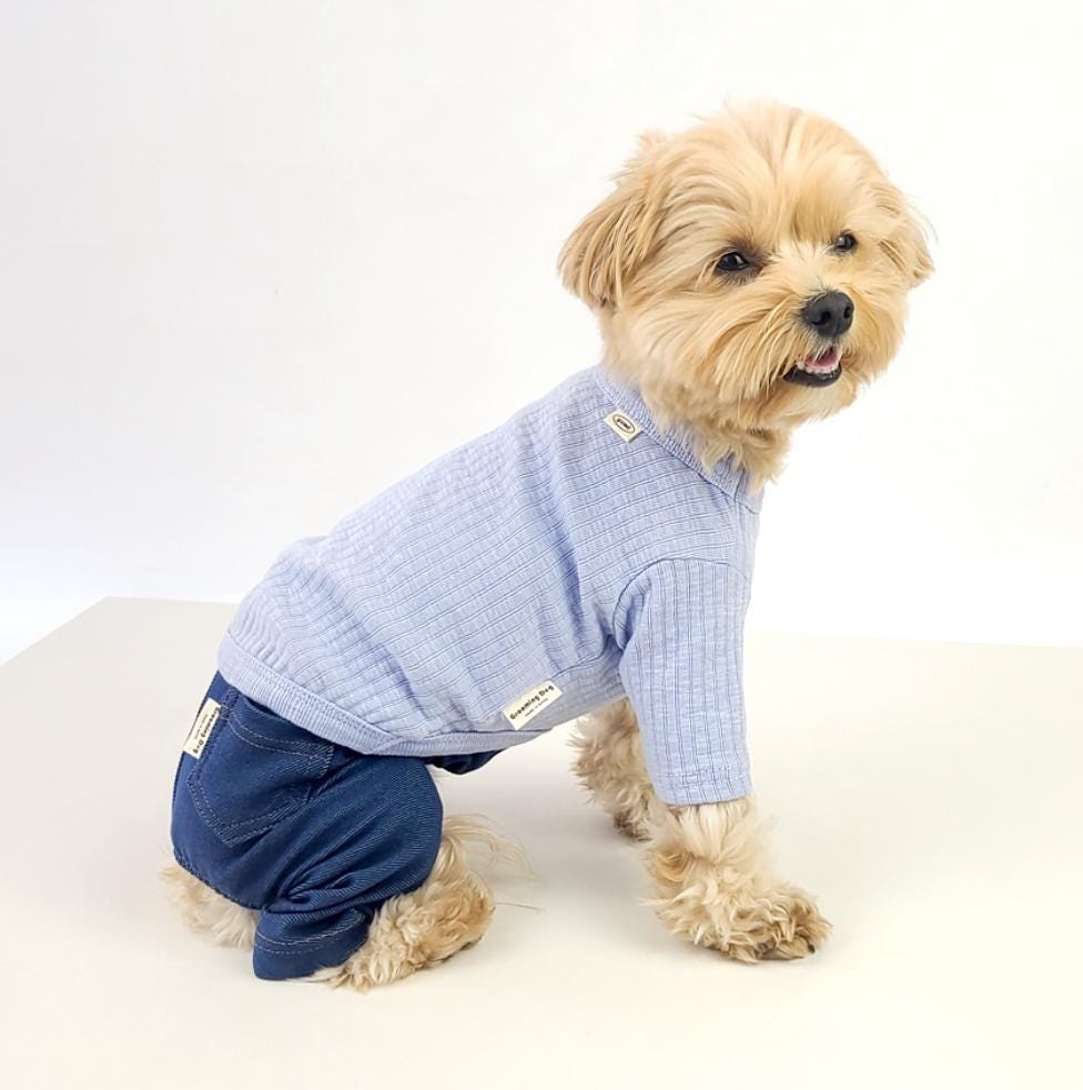 NKpup light blue denim dog suspender overalls with long sleeves