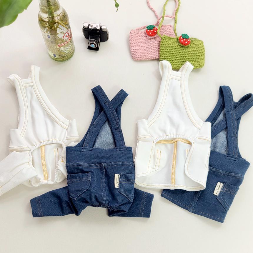 NKpup denim dog suspender overalls in white and blue