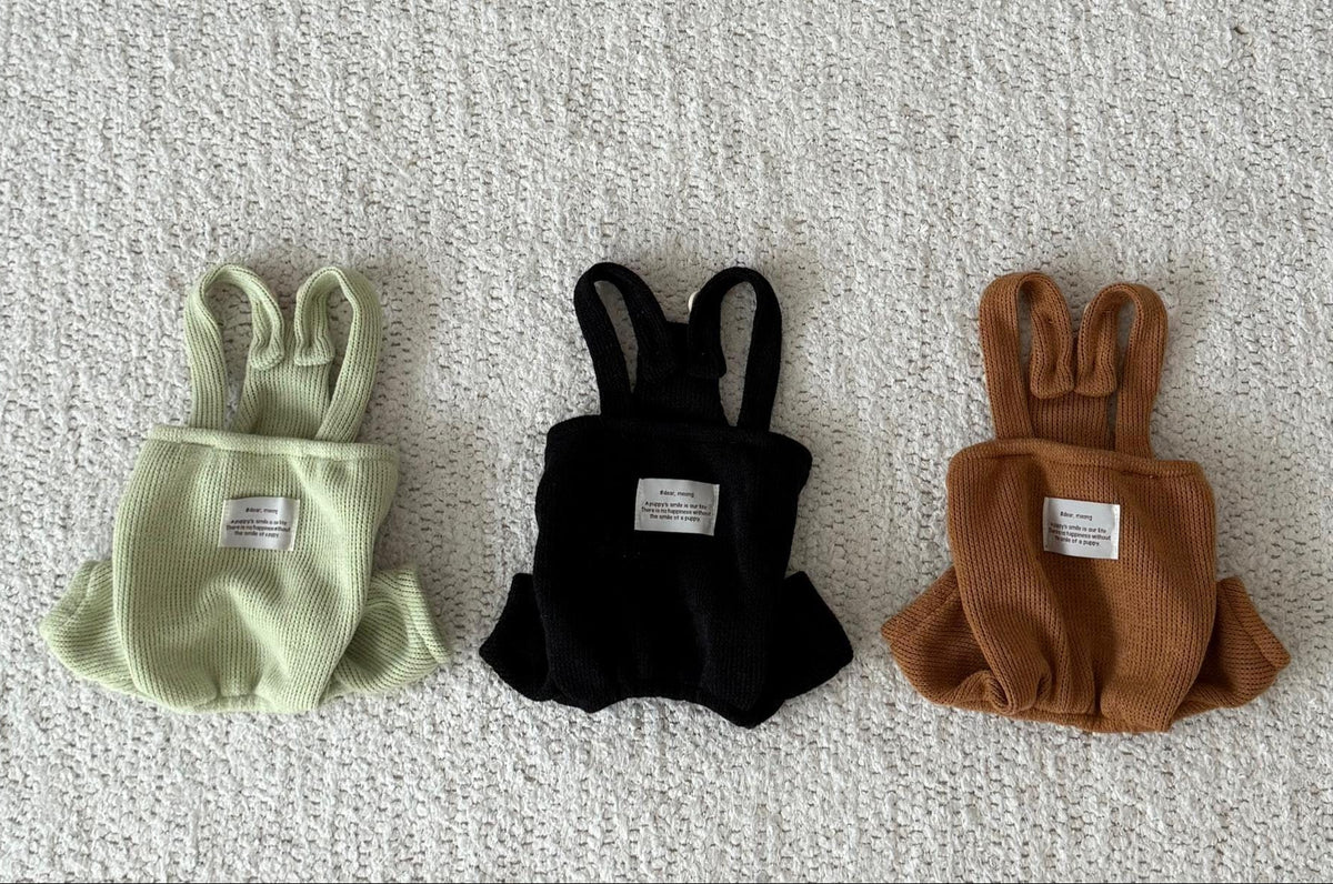 NKpup Cozy Knit Overall pet rompers in sage green, black, and brown