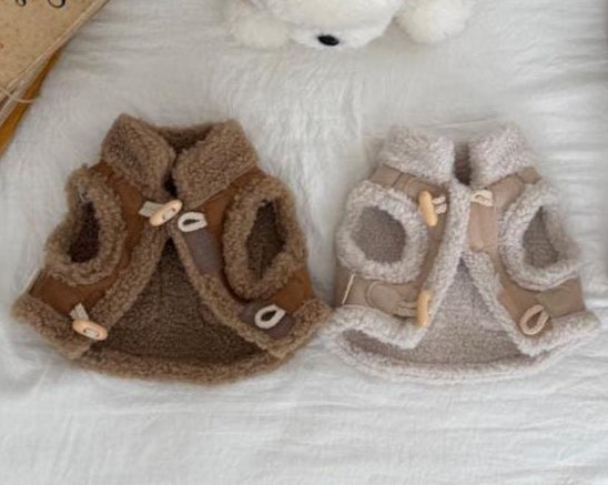 Two NKpup Cozy Pocket Shearling dog vests in brown and beige.