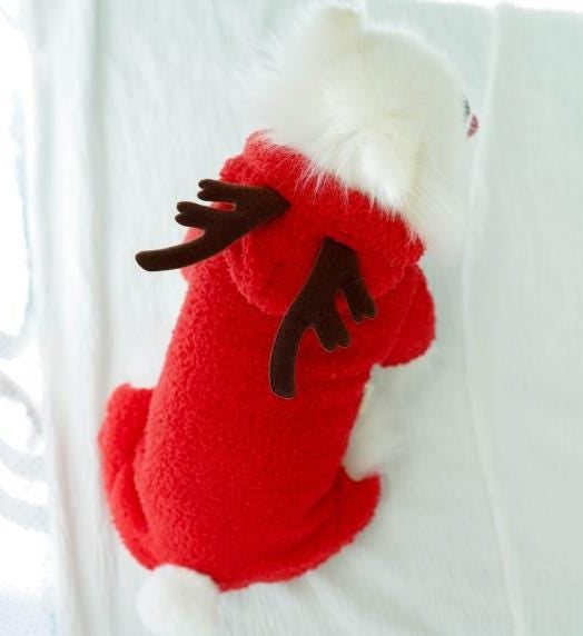NKpup red reindeer fleece dog overall with brown antler details and a white fluffy hood