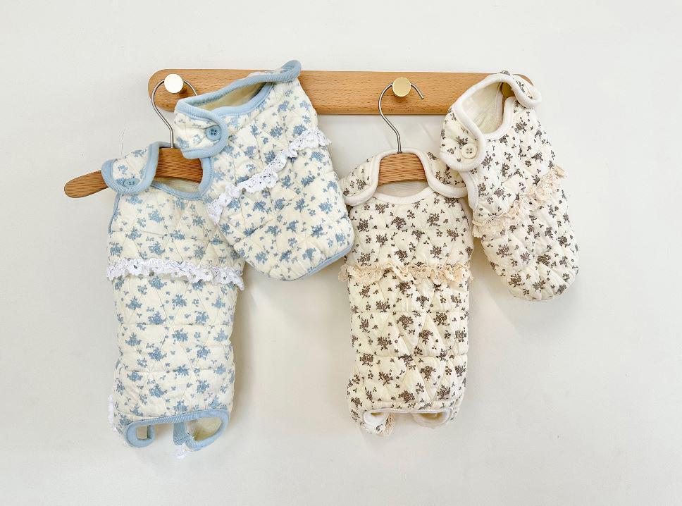 NKpup Cozy Floral Dog Vest and Overall set in light blue and cream patterns with lace trim.