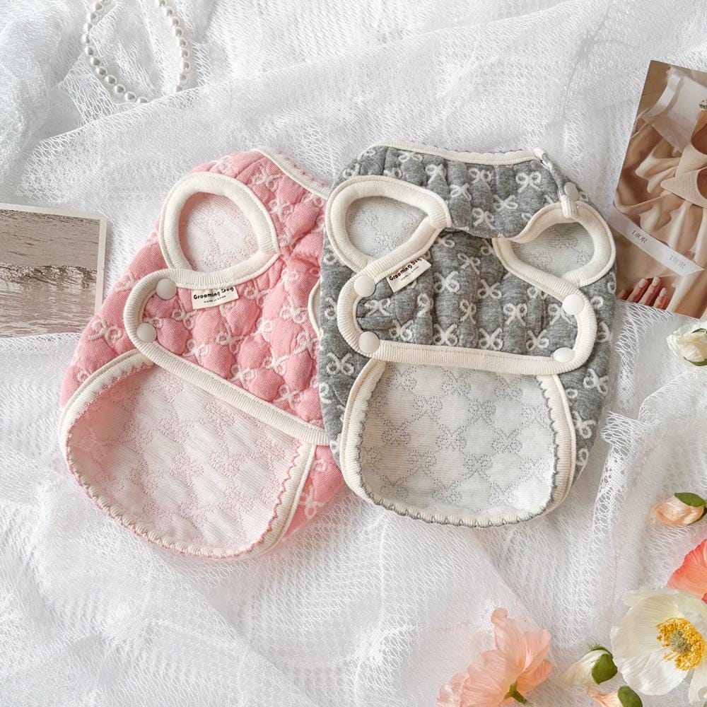Pink and grey NKpup Lovely Ribbon Quilted Dog Vests with bow patterns and white trim