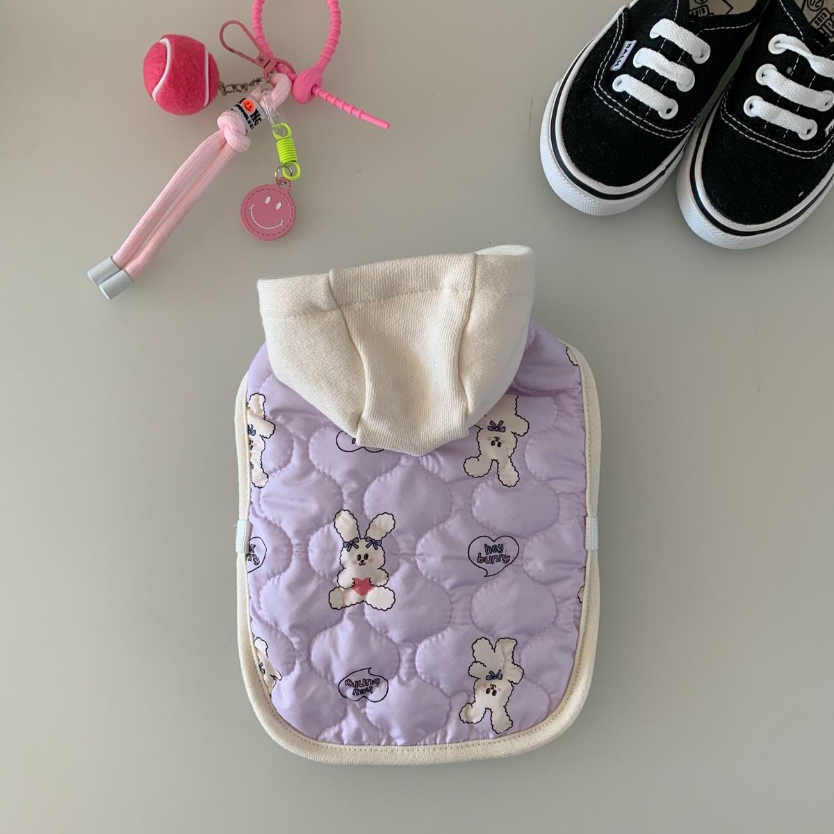 NKpup purple quilted dog vest poncho with cute bunny patterns and a cream collar
