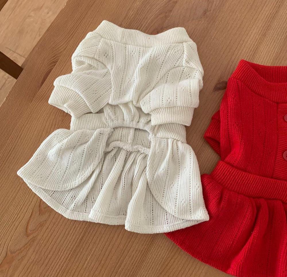 Chic knit peplum dog dress in cream and red