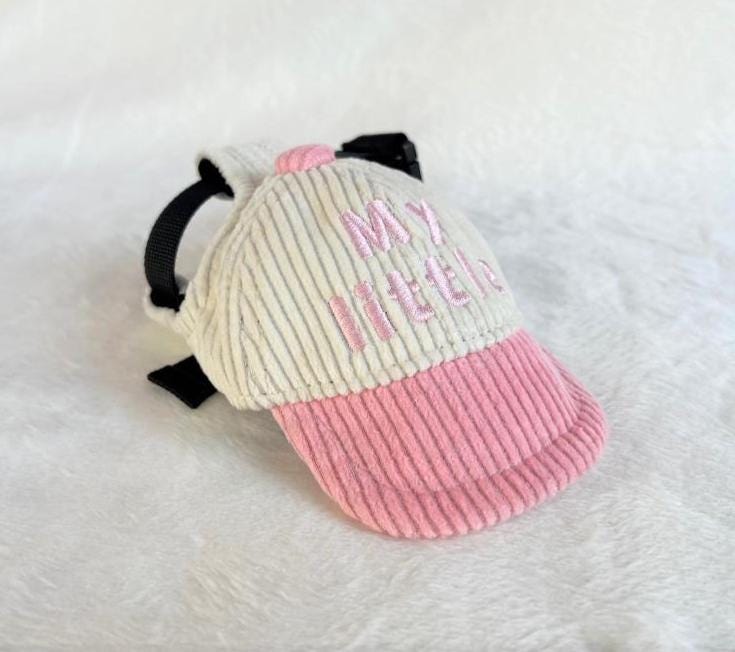 NKpup My Little Corduroy Cap for pets in cream and pink with pink embroidered text