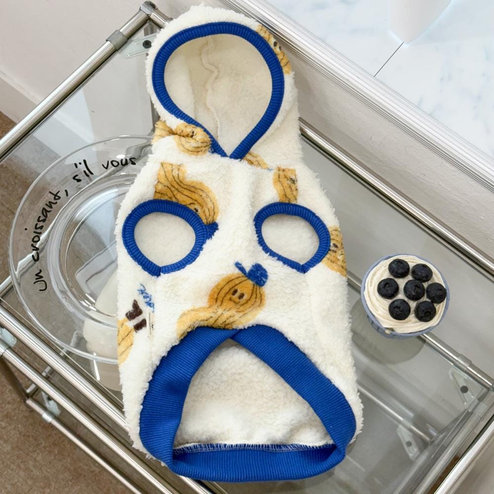 Cap Duo Fleece Dog Hoodie in white with blue trim and yellow banana pattern