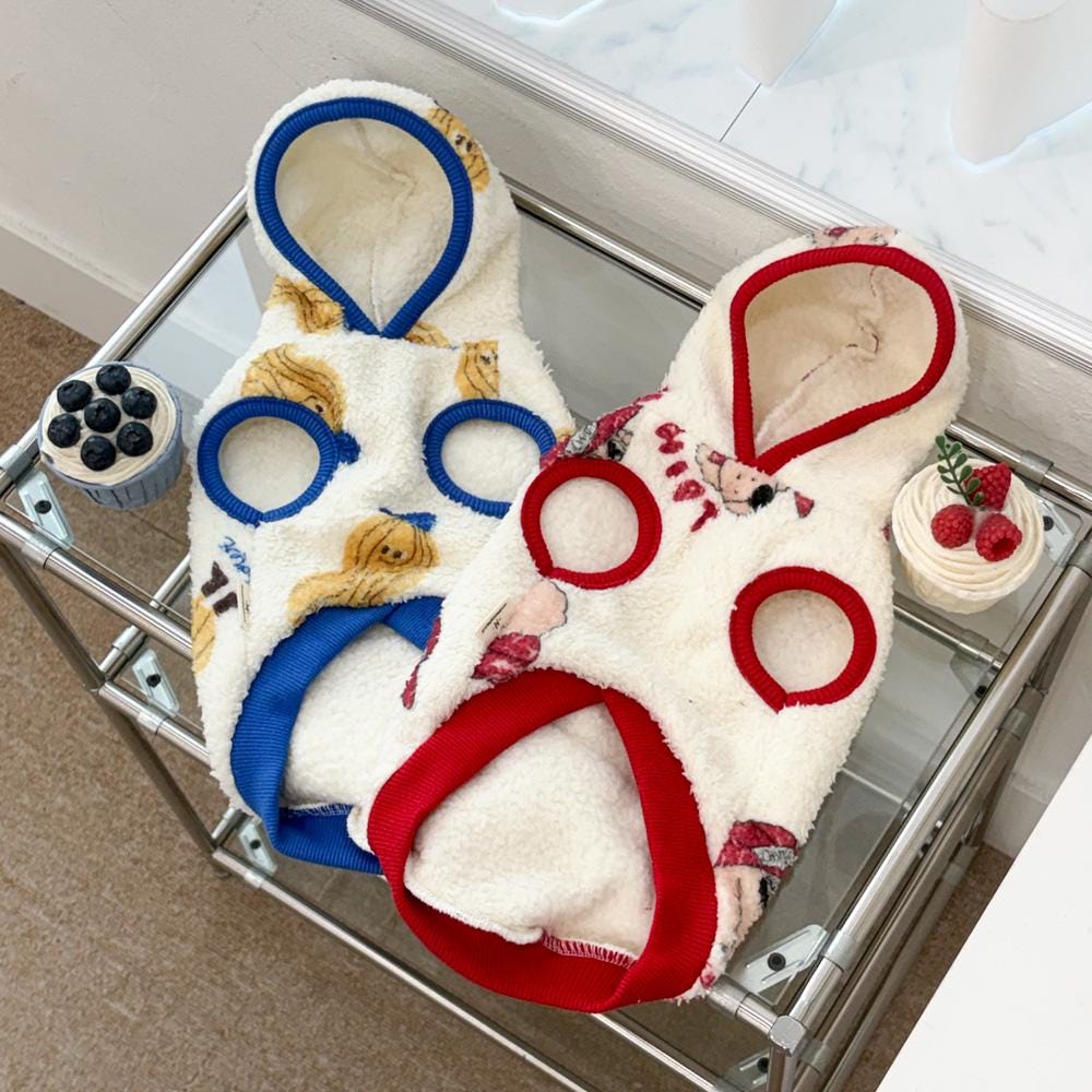 Cap Duo Fleece Dog Hoodie in cream with blue and red trim and patterned print