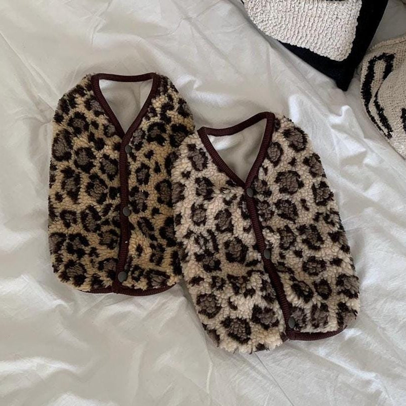 NKpup leopard print fleece dog vests with brown trim and button closures