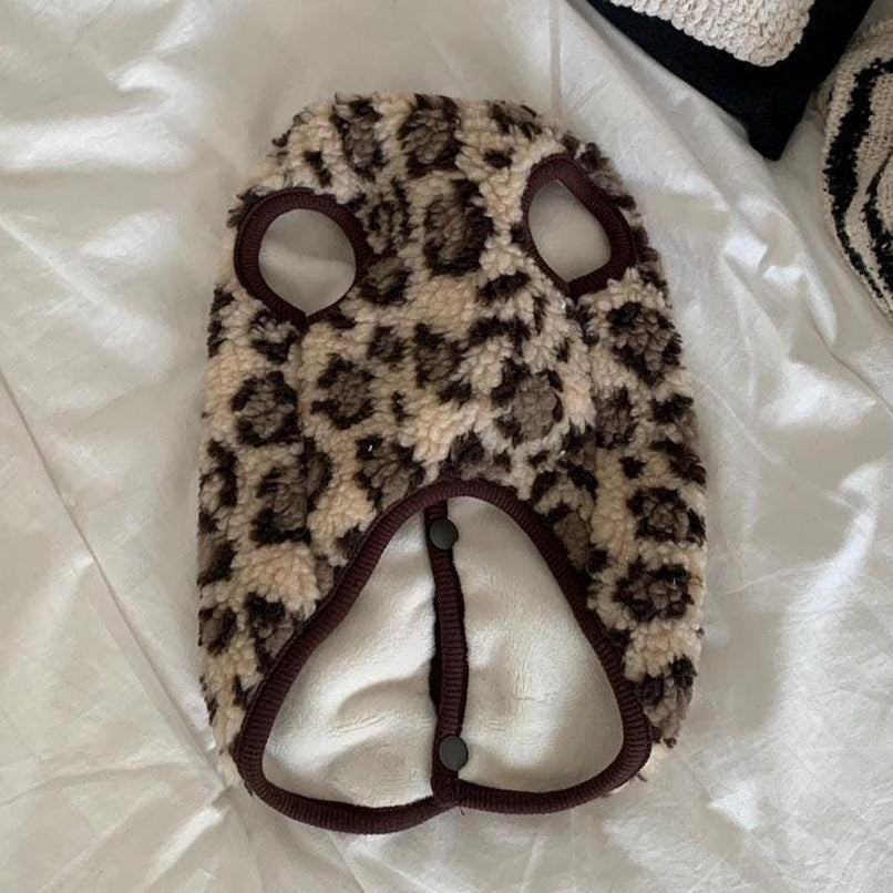 NKpup leopard print fleece dog vest with brown trim