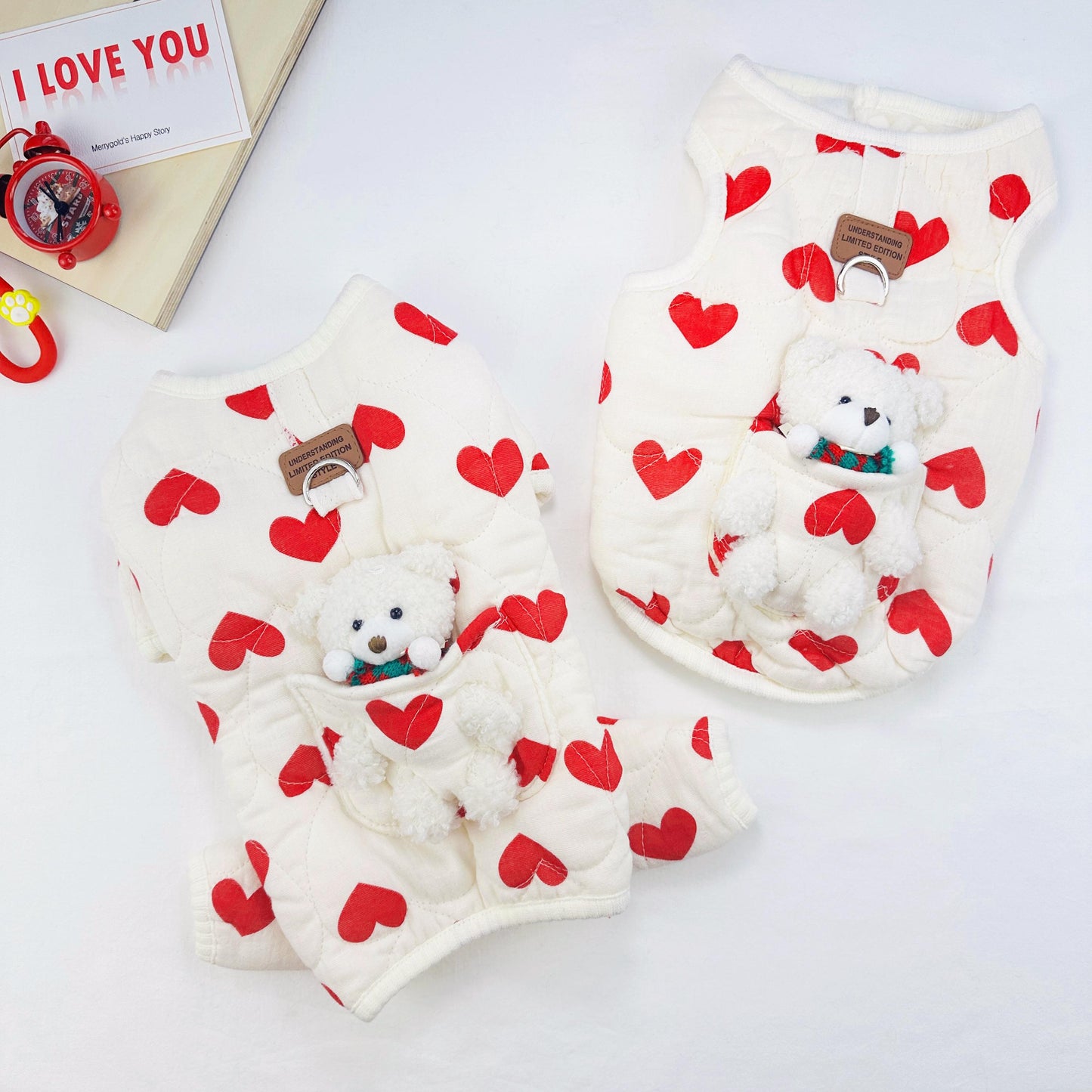 Heart Teddy Pocket Outfit Vest&Overall, S-XL, Pajama Pet, Dog Jumpsuit, Small Dog Clothes, Dog Outfit, Dog Winter Top, Dog Gift - NKpup