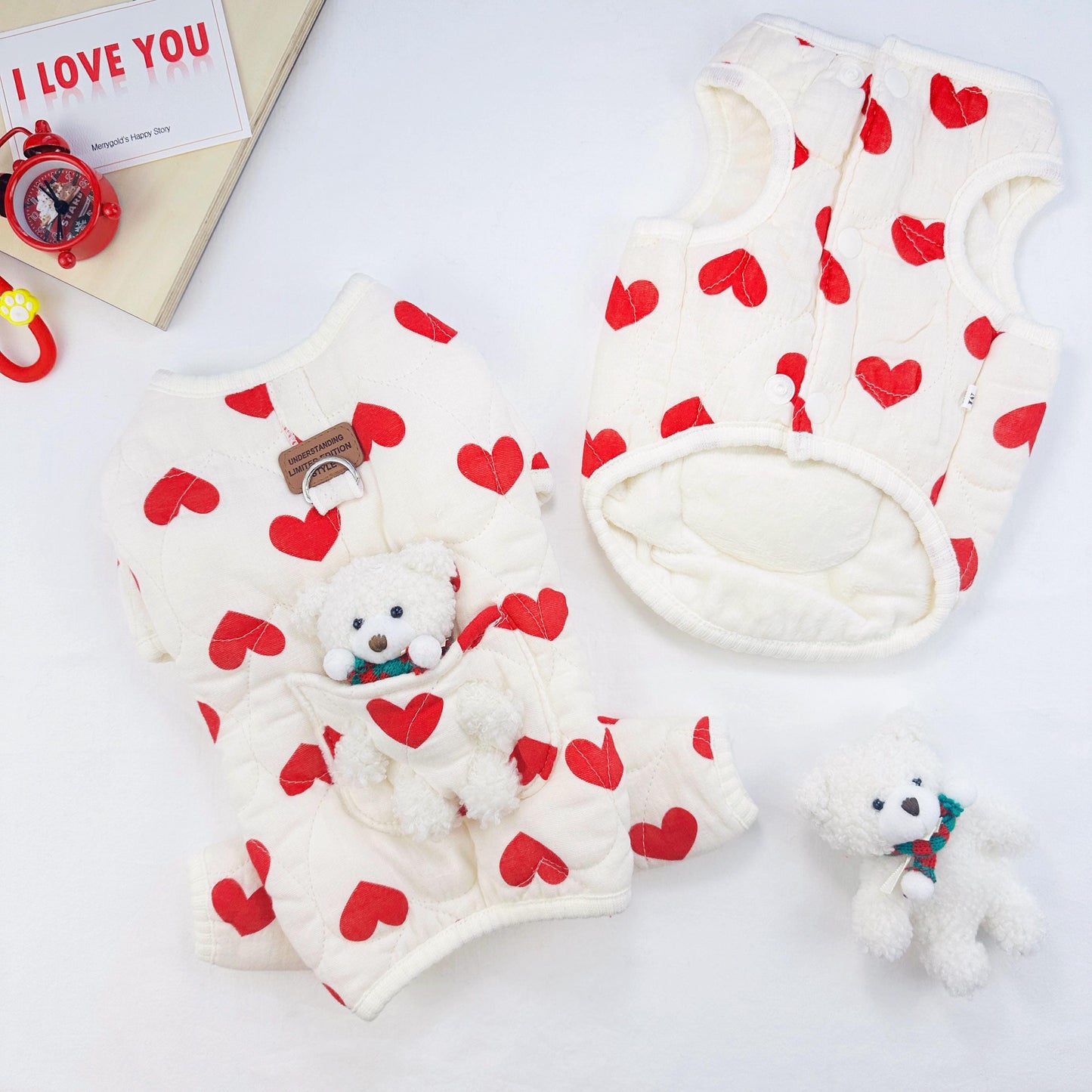 Heart Teddy Pocket Outfit Vest&Overall, S-XL, Pajama Pet, Dog Jumpsuit, Small Dog Clothes, Dog Outfit, Dog Winter Top, Dog Gift - NKpup