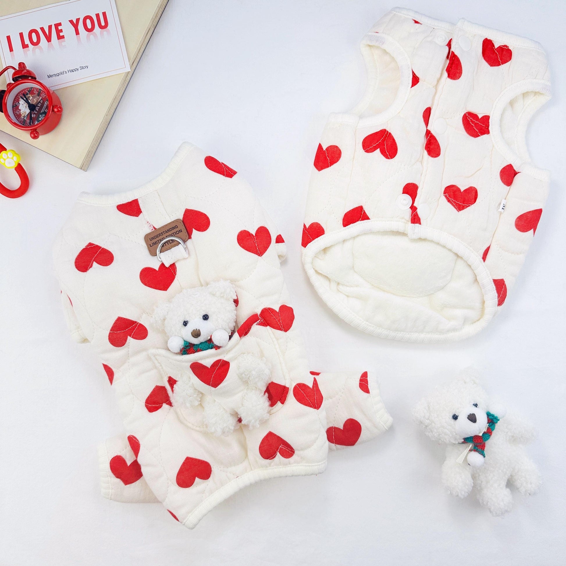 Heart Teddy Pocket Outfit Vest&Overall, S-XL, Pajama Pet, Dog Jumpsuit, Small Dog Clothes, Dog Outfit, Dog Winter Top, Dog Gift - NKpup