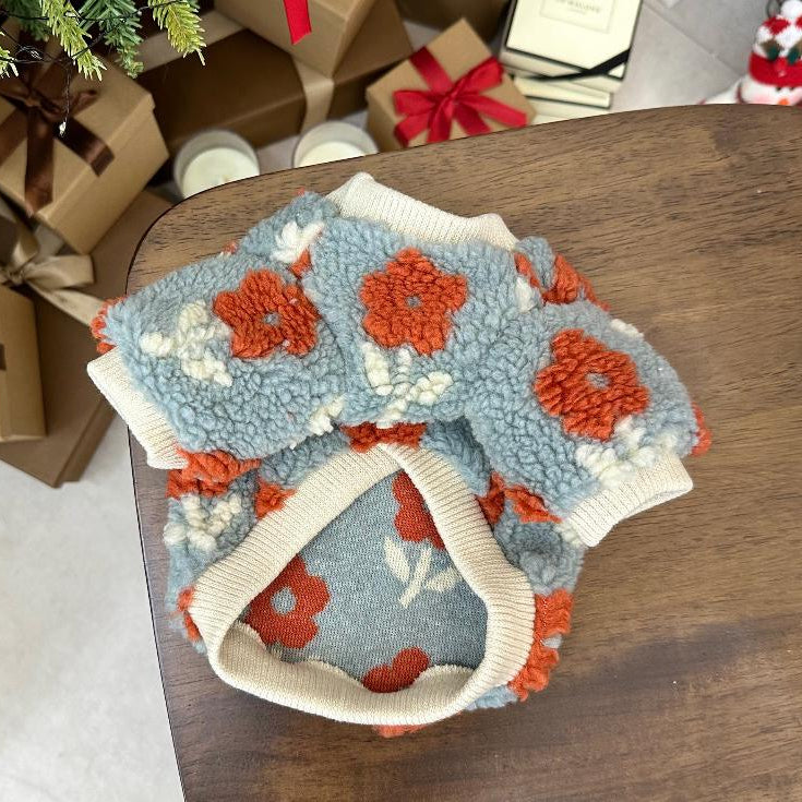 NKpup fluffy floral fleece dog sweater in light blue with orange flower patterns