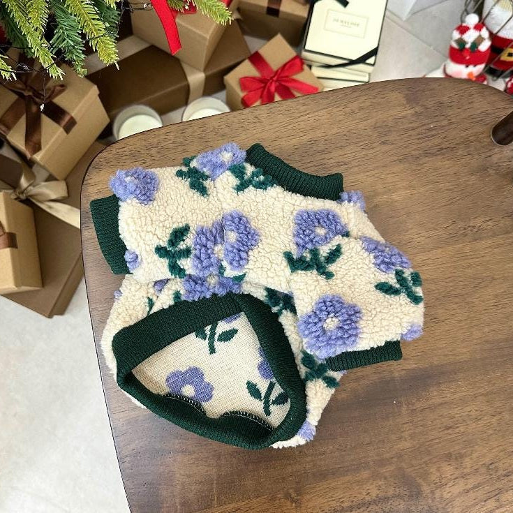 NKpup Fluffy Floral Fleece Dog Sweater in cream with purple flower pattern and green trim