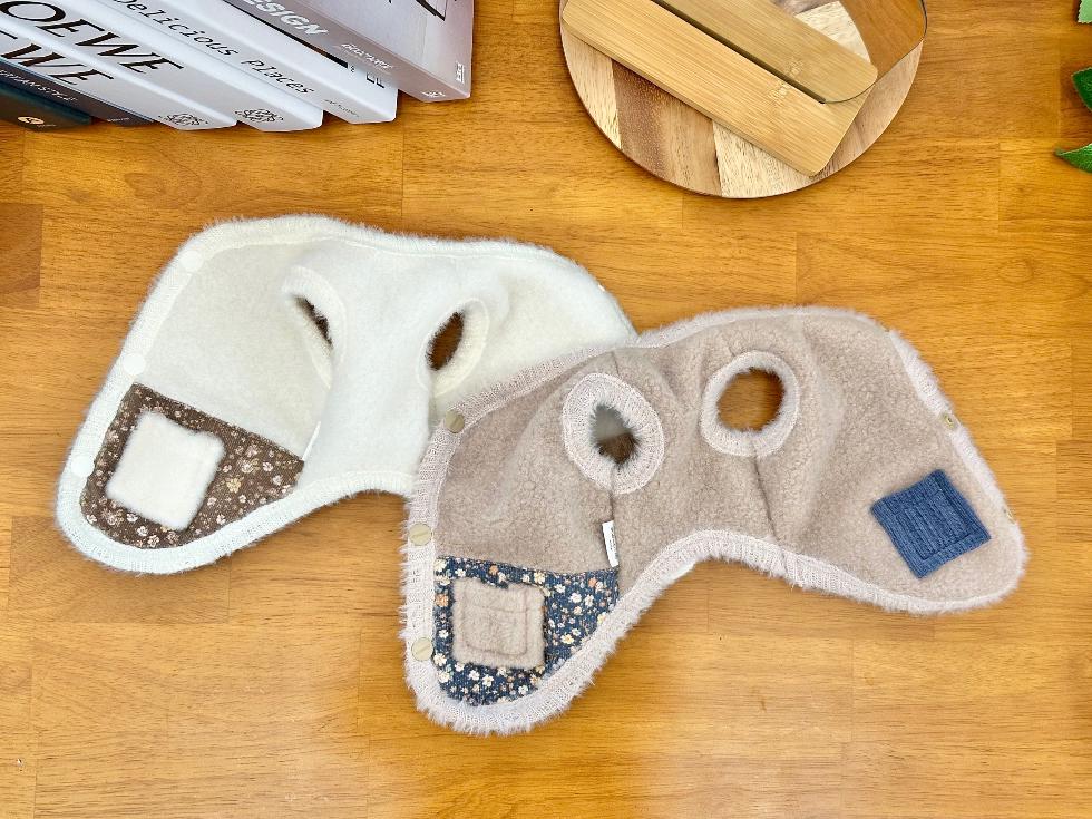 NKpup Angora Fleece Dog Vests in white and beige with floral patterned pockets