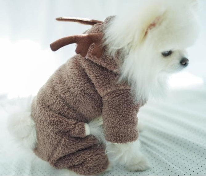 Brown NKpup reindeer fleece dog overall with plush antlers
